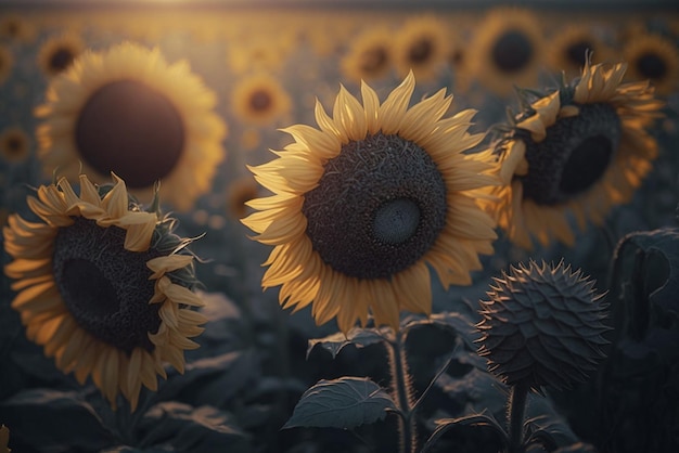 Ehrfurchtgebietendes Sonnenblumenfeld mit leuchtend gelben Blüten, die der Sonne zugewandt sind