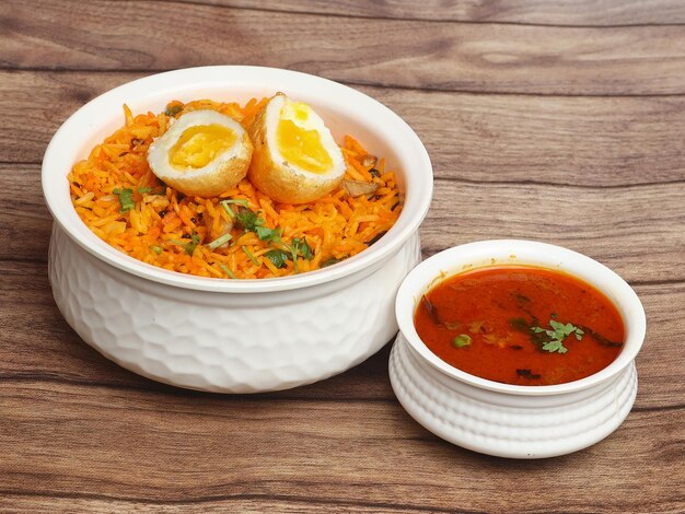 Ei-Biryani-Basmati-Reis, gekocht mit Masala und Gewürzen und serviert mit geschnittenen gekochten Eiern und Auberginen-Curry mit selektivem Fokus