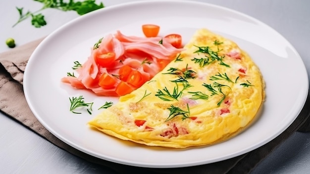 Foto ei-omelette mit schinken und tomaten auf einem teller herzhafte frühstücksfreude