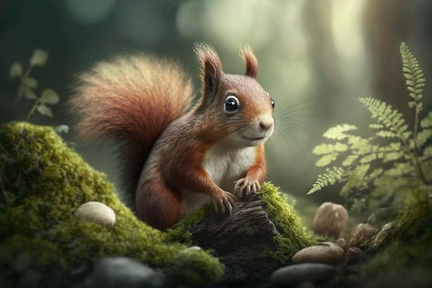 Eichhörnchen auf einem Ast in einem Frühlingswald, das in die Kamera schaut, die Ai erzeugt hat