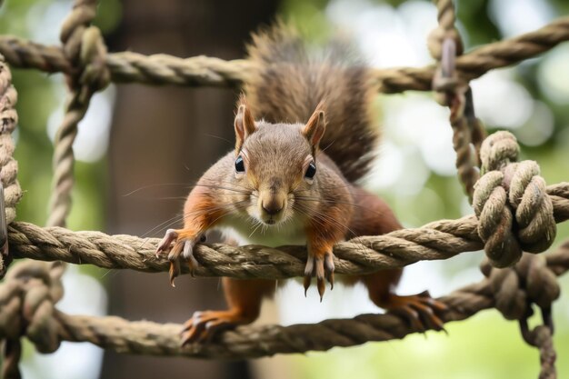 Eichhörnchen, das mit Heldenschnelligkeit auf einem Seilkurs fährt