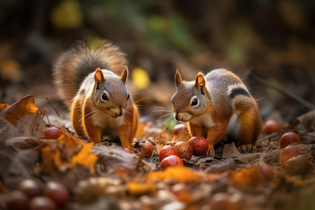 Eichhörnchen essen Äpfel im Wald