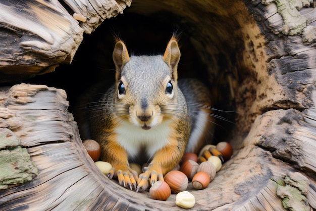 Foto eichhörnchen in einem knotenloch mit einer nuss-sammlung