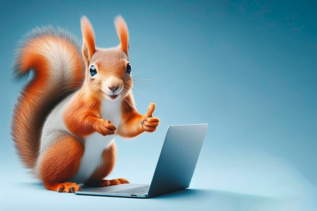 Eichhörnchen mit Laptop zeigt Daumen auf blauem Hintergrund