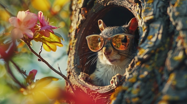 Foto eichhörnchen mit sonnenbrille kommt für den frühling aus seiner höhle