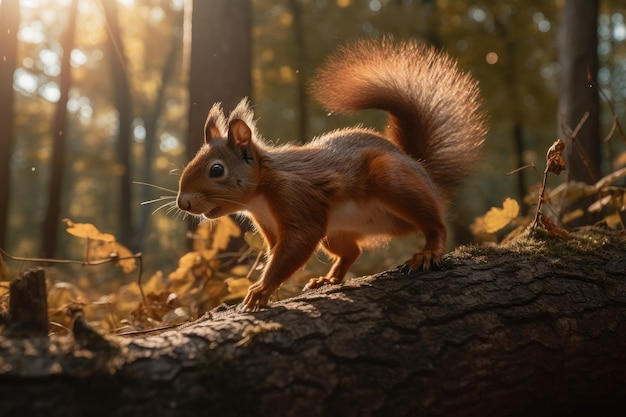 Eichhörnchen spielt im sonnigen Wald und sammelt Nüsse generative IA