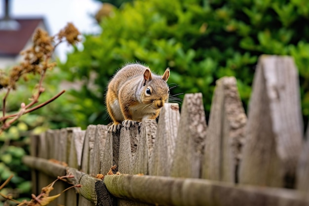 Eichhörnchen steht auf einem Holzzaun