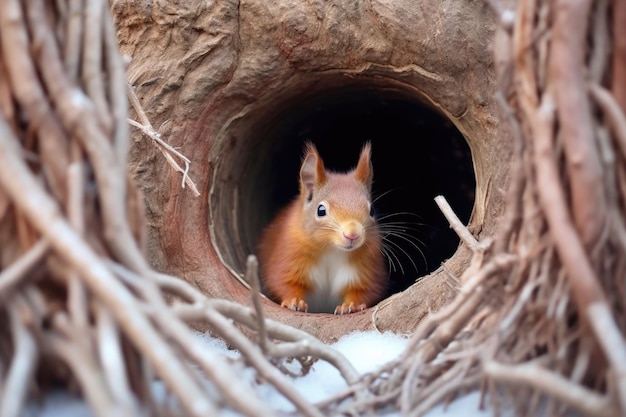 Eichhörnchen vergräbt Nüsse in einem Baumloch für den Winter, erstellt mit generativer KI