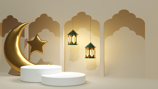 EID 3d render podio de joyería con fondo beige y linternas verdes Doble pedestal para saludos