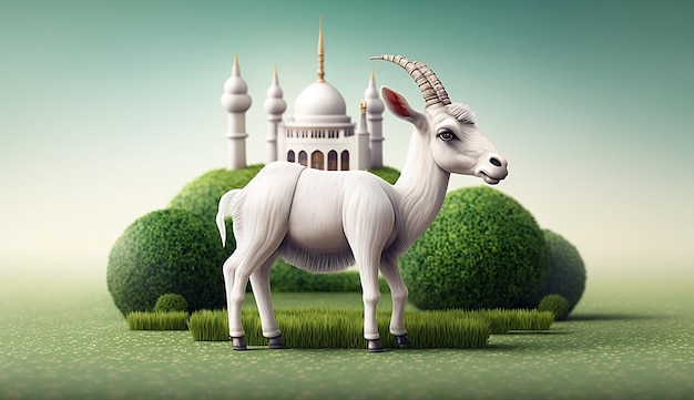 Eid adha mubarak animal cabra y mezquita origami cortado en papel 3d hermoso fondo islámico