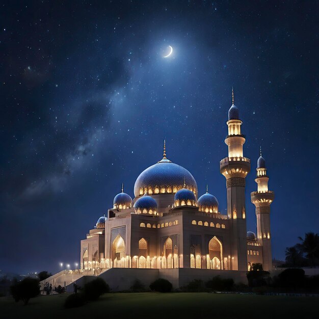 Foto eid ai fit muslimische moschee stehen sternennacht geschmückt mit einem halbmond boden