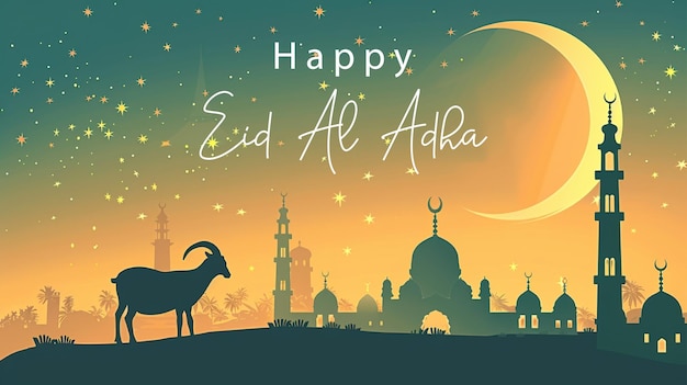 Foto eid al adha background with goat and mosque