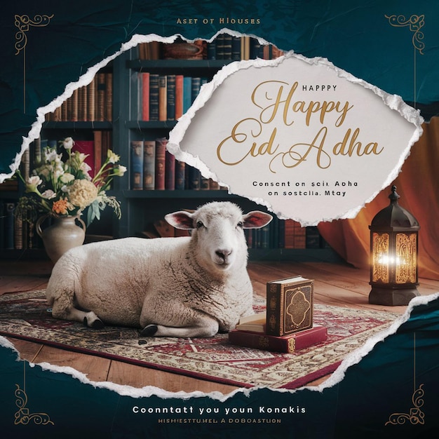 Foto eid al adha diseño de publicaciones en las redes sociales con imágenes de animales halal generadas por ai