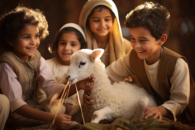 Eid Al Adha-Feier mit Kindern, die mit einem niedlichen Lamm spielen