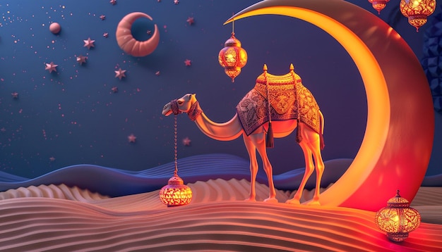 Eid Al Adha fondo media luna pequeña y camello con lámpara de linterna tradicional