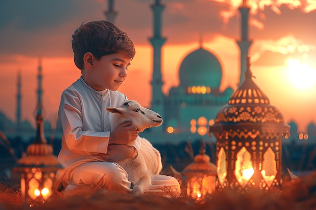 Foto eid al adha fondo niño pequeño sosteniendo ovejas carnero con hermosa mezquita y linterna tradicional l