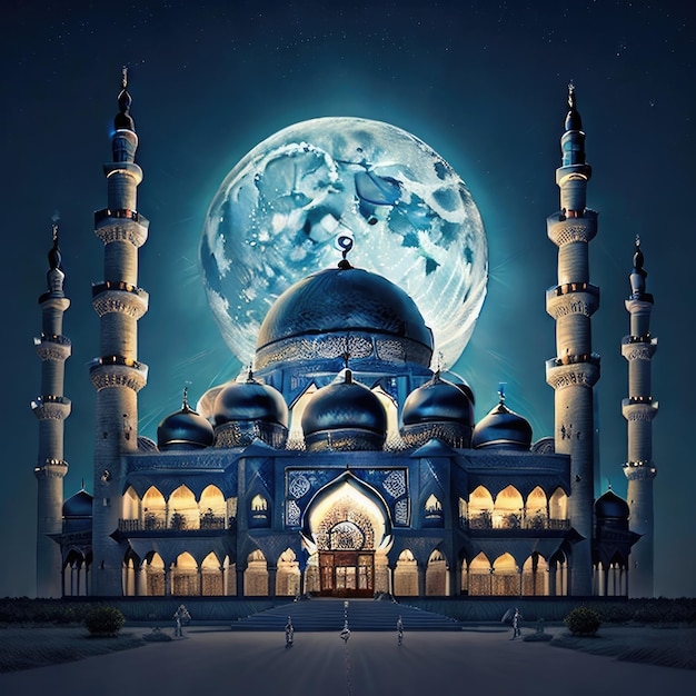 Eid al adha fundo com mesquita e lua durante a noite