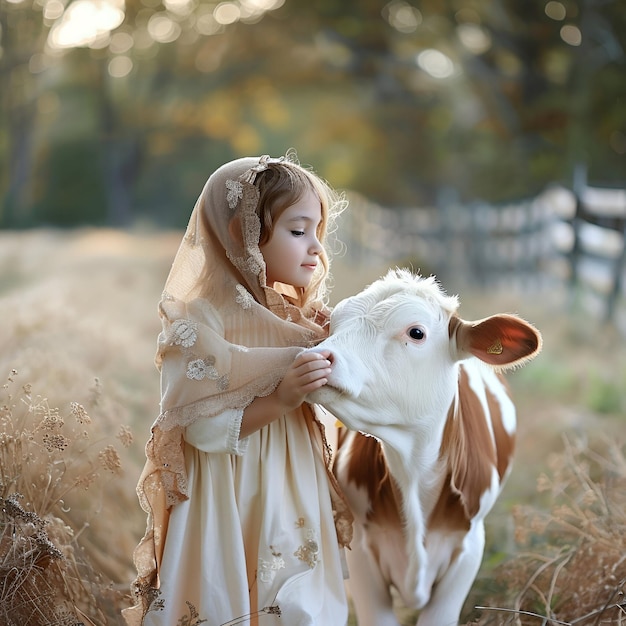 Eid Al Adha-Grüßkarte mit Kalb und muslimischem Mädchen Eid El Adha-Social-Media-Post