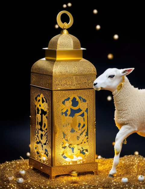 Eid al Adha-Grußkarte mit Schaflaterne und goldenem Bokeh