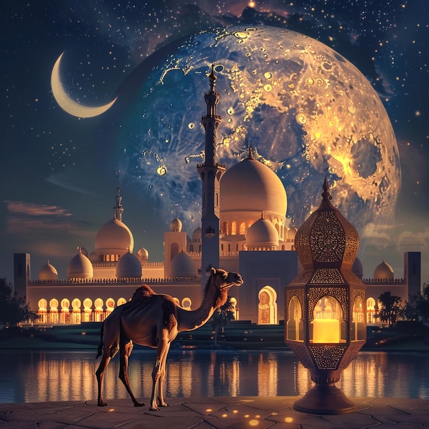 Eid Al Adha Hintergrund Halbmond kleiner Mond und Kamel mit traditioneller Laternenlampe