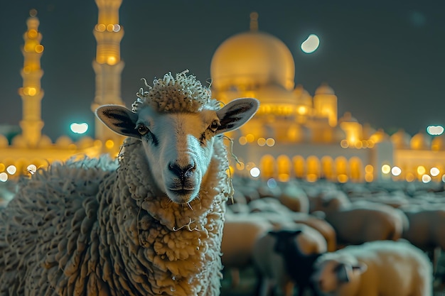 Eid al adha Hintergrund Schafe stehen vor der Moschee mit Lichtern im Hintergrund