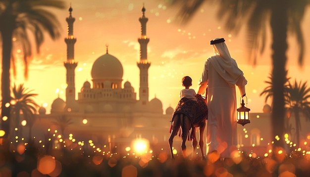 Eid Al Adha-Hintergrund Vater und Tochter halten eine Kuh mit einer schönen Moschee und einer traditionellen Laterne