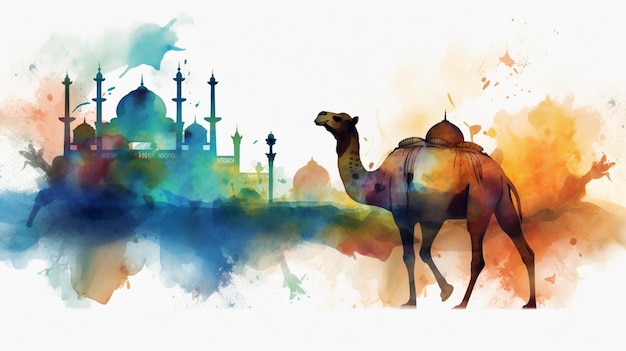 Eid al adha Ilustração de um camelo em fundo aquarela com mesquita ao fundo