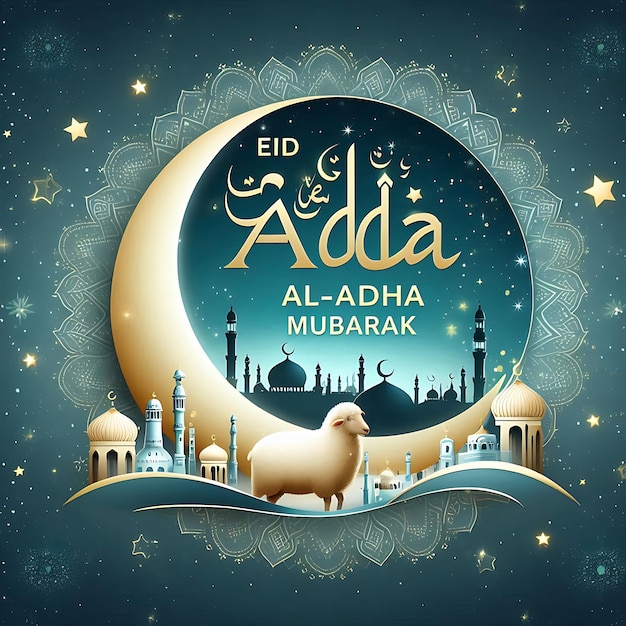 Foto eid al adha una imagen de una mezquita y una luna con las palabras