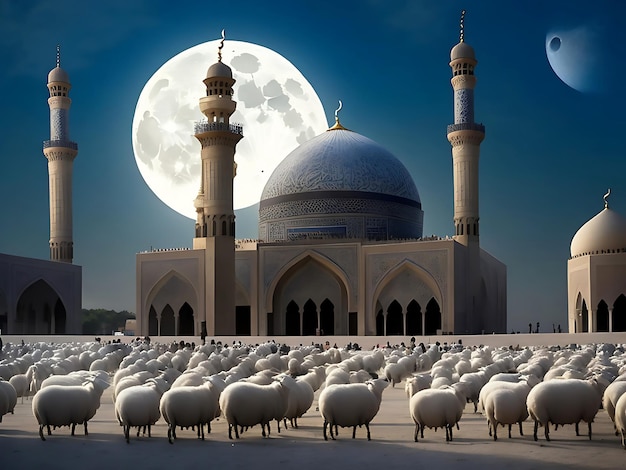 Eid Al Adha islamisches Festfoto vor der Moschee mit Schafen