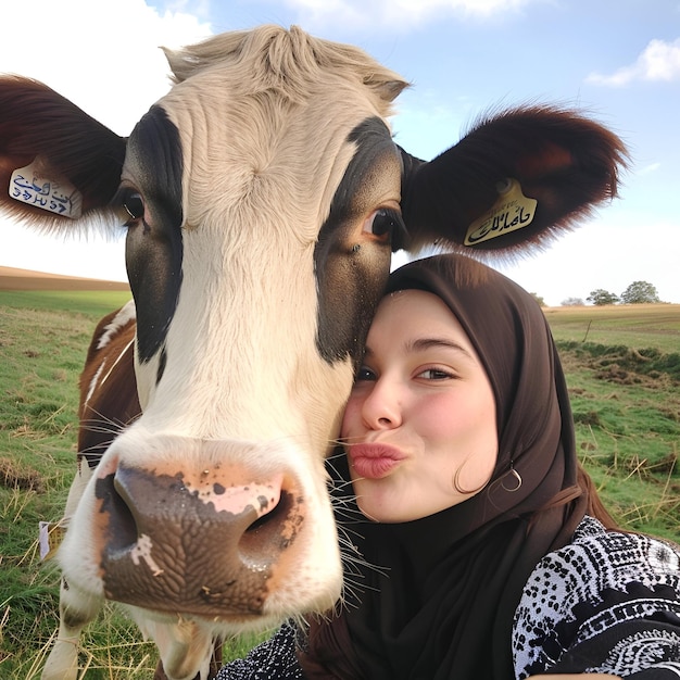 Foto eid al adha mubarak festival de sacrifício islâmico com vaca e selfie de menina muçulmana de fundo