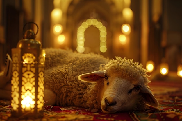 Eid Al Adha Mubarak fundo com ovelhas e fundo de lanterna islâmica