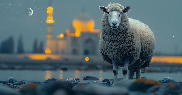 Eid Al Adha Mubarak fundo com ovelhas e fundo de mesquita