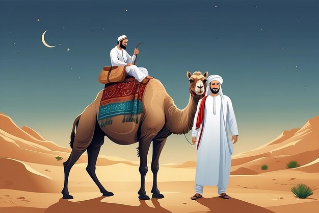 Foto eid al adha mubarak hombre árabe con un camello y una cabra diseño de ilustración vectorial creativo