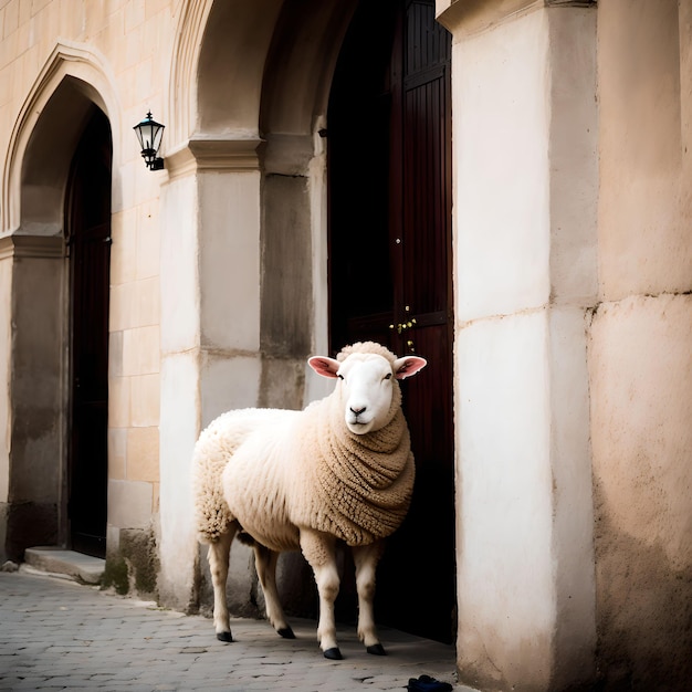 Foto eid al adha ovejas y mezquita