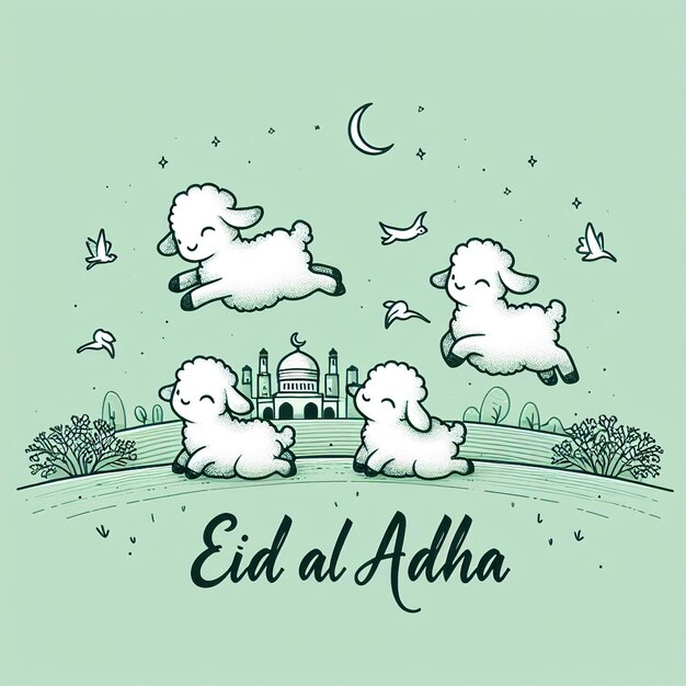 Eid al adha ovelhas bonitas em design verde minimalista moderno