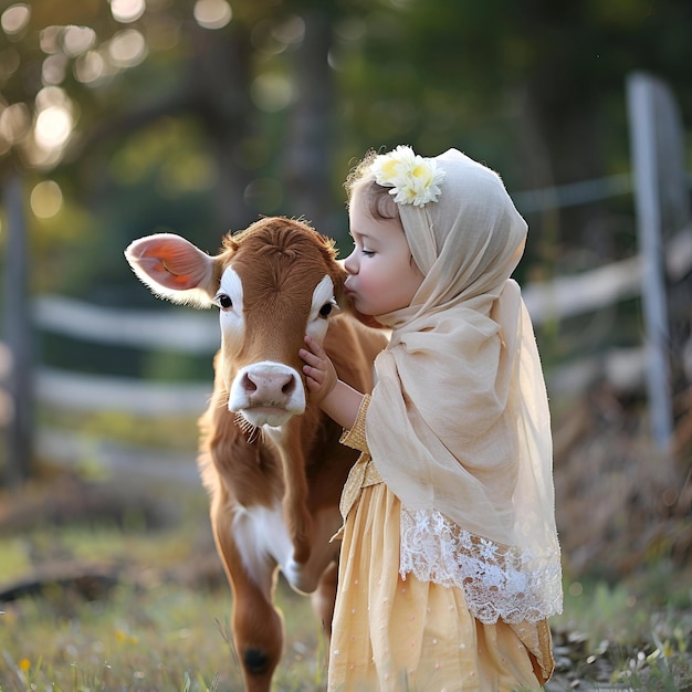 Eid al Adha saudação fundo com ovelhas e menino feliz fundo eid al adha