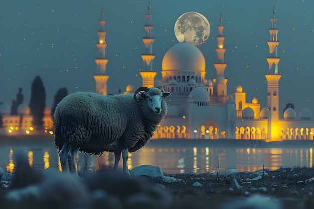 Eid al adha trasfondo ovejas de pie frente a la mezquita con luces en el fondo