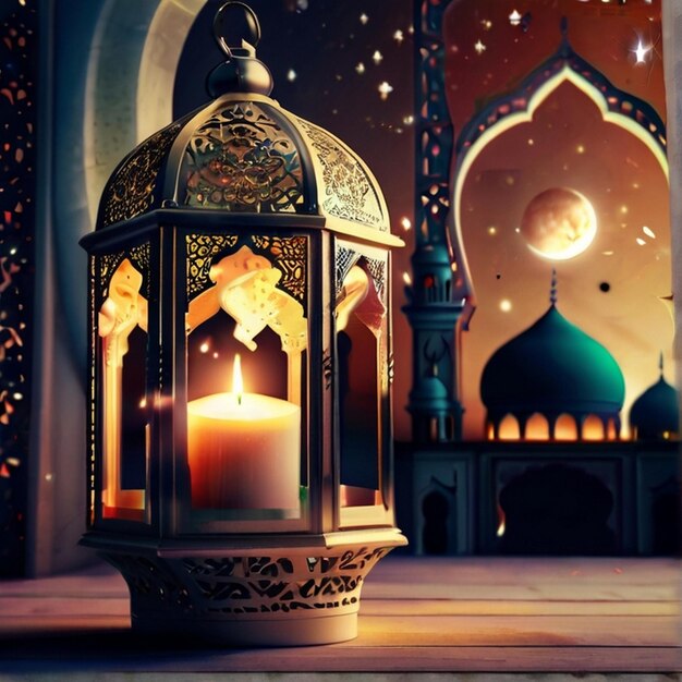 Eid al fitr 3D-Lampe und Moschee mit 3D-Mond mit schöner Nacht Eid Mubarak Hintergrund