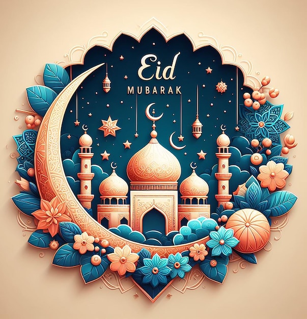 Eid al-Fitr Eid Mubarak Schrift mit schöner Moschee