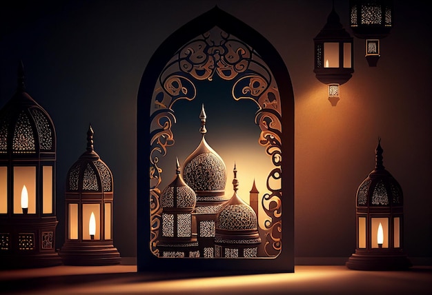 Eid al fitr fundo da janela com mesquita Ramadan kareem eid mubarak lanterna islâmica em uma mesa
