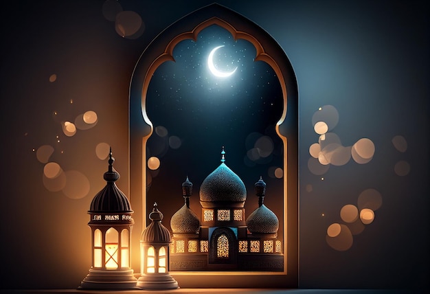 Eid al fitr hintergrund des fensters mit moschee ramadan kareem eid mubarak islamische laterne auf einem tisch