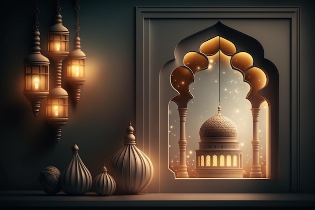 Eid al fitr hintergrund des fensters mit moschee ramadan kareem eid mubarak islamische laterne auf einem tisch