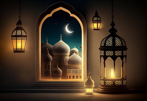 Eid al fitr hintergrund des fensters mit moschee ramadan kareem eid mubarak islamische laterne auf einem tisch