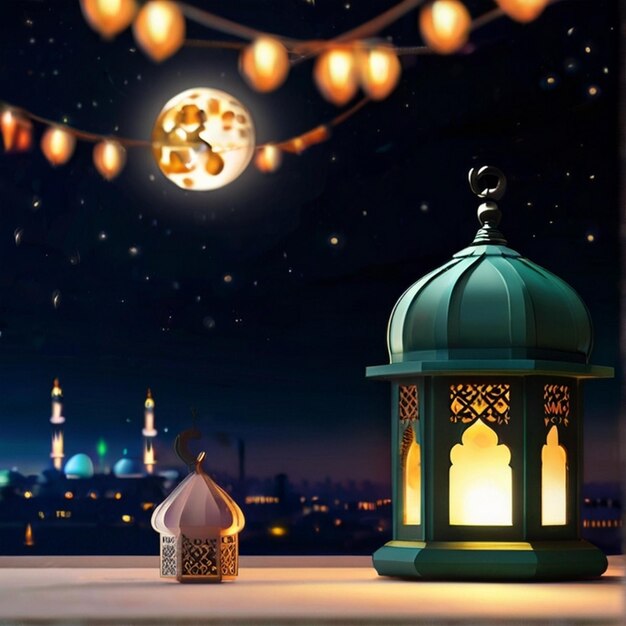 Eid al fitr lanterna 3D e mesquita com lua 3D com noite linda Eid Mubarak fundo