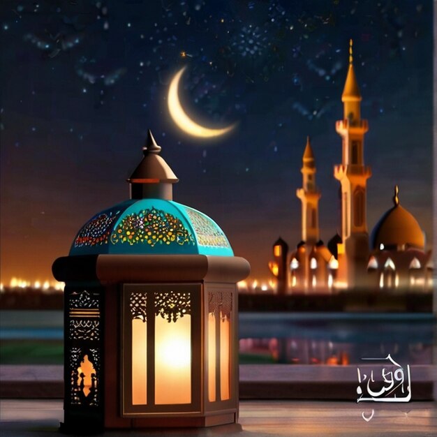 Eid al fitr lanterna 3D e mesquita com lua 3D com noite linda Eid Mubarak fundo