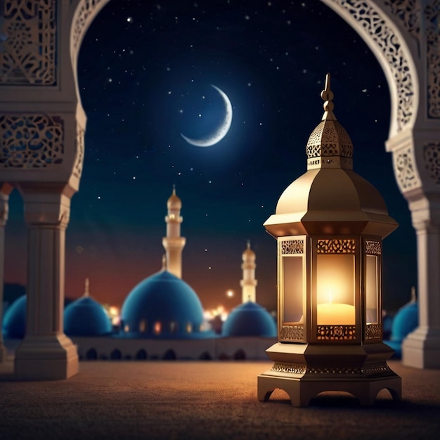 Eid al fitr lanterna 3D e mesquita com lua 3D com noite linda Eid Mubarak fundo