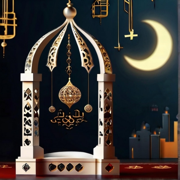 Eid al fitr lanterna 3D e mesquita com lua 3D com noite linda Eid Mubarak fundo