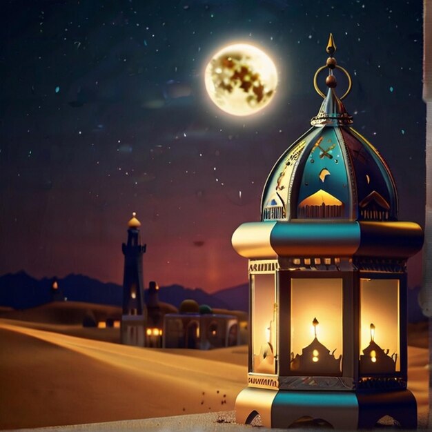 Eid al fitr lanterna 3D e mesquita com lua 3D com noite linda Eid Mubarak fundo