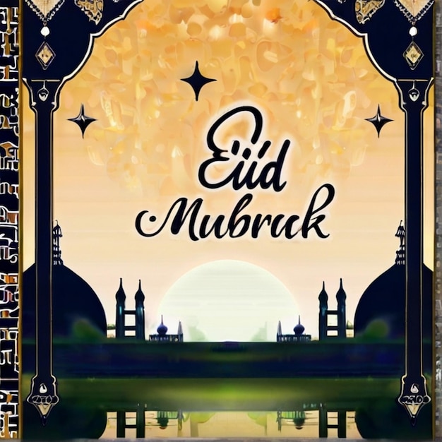 Eid al fitr linterna 3D y mezquita con luna 3D con la noche hermoso Eid Mubarak fondo