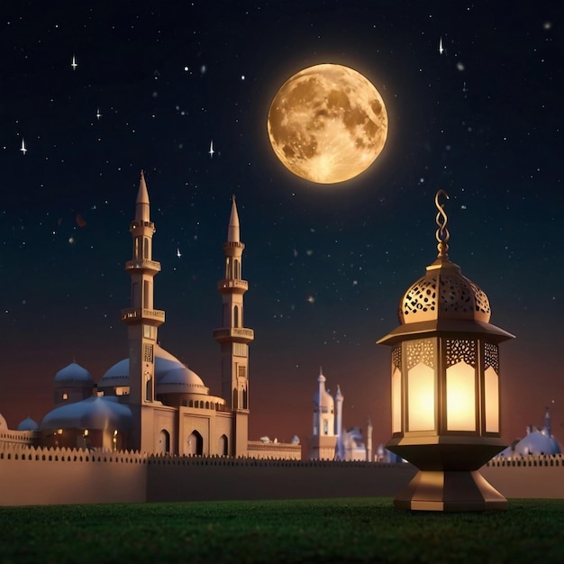 Eid al fitr linterna 3D y mezquita con luna 3D con la noche hermoso Eid Mubarak fondo